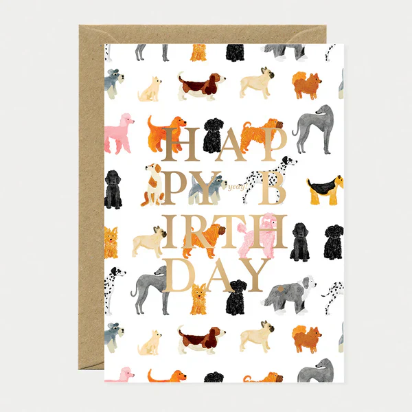 Greeting Card - Gold - Birthday Dogs Pattern