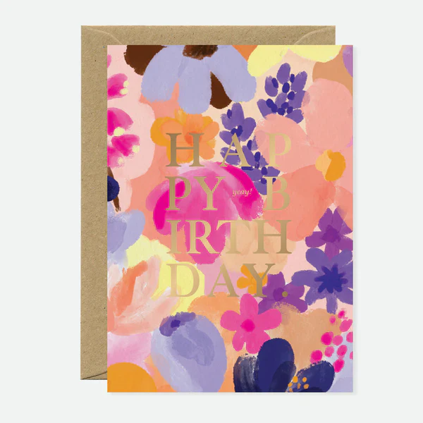 Greeting Card - Gold - Happy Birthday Flower Garden
