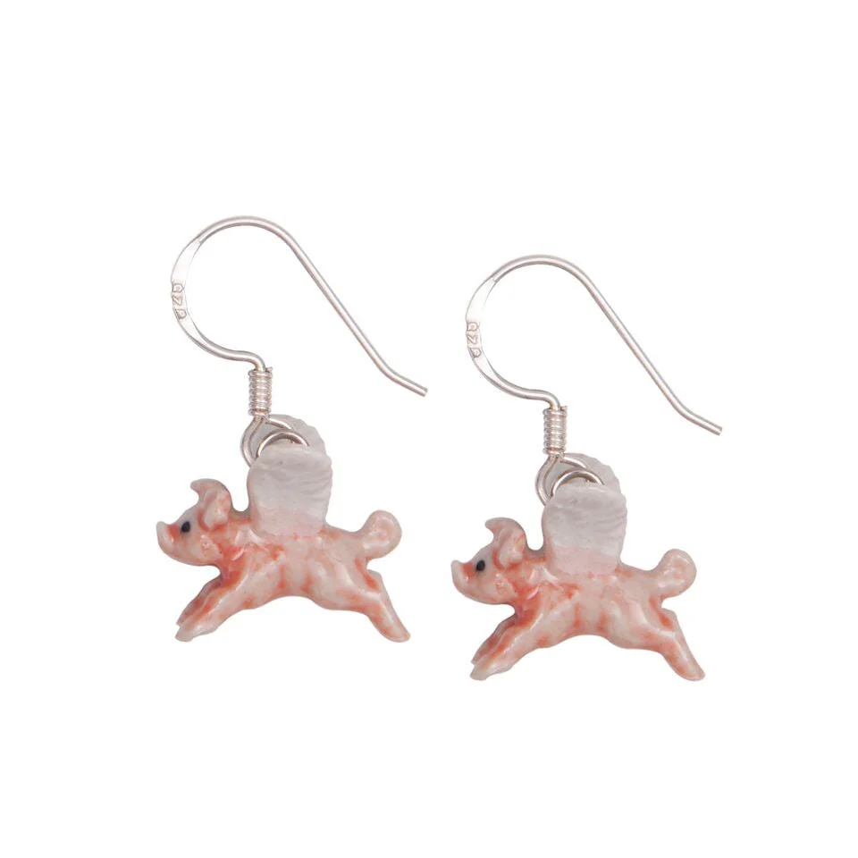 Earrings - Drop - Tiny Flying Pig W/White Wings