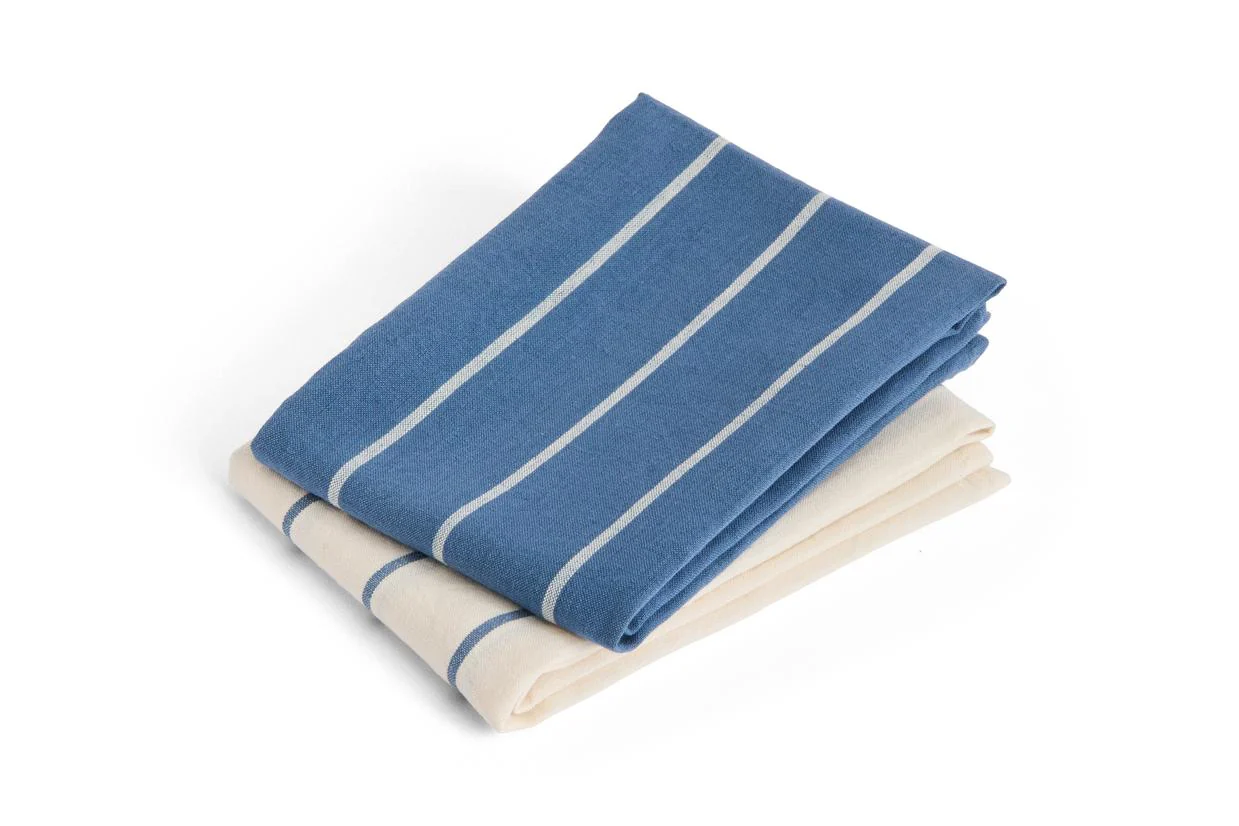 Tea Towel - Outdoor Market - Blue W/Beige Stripe - Set Of 2