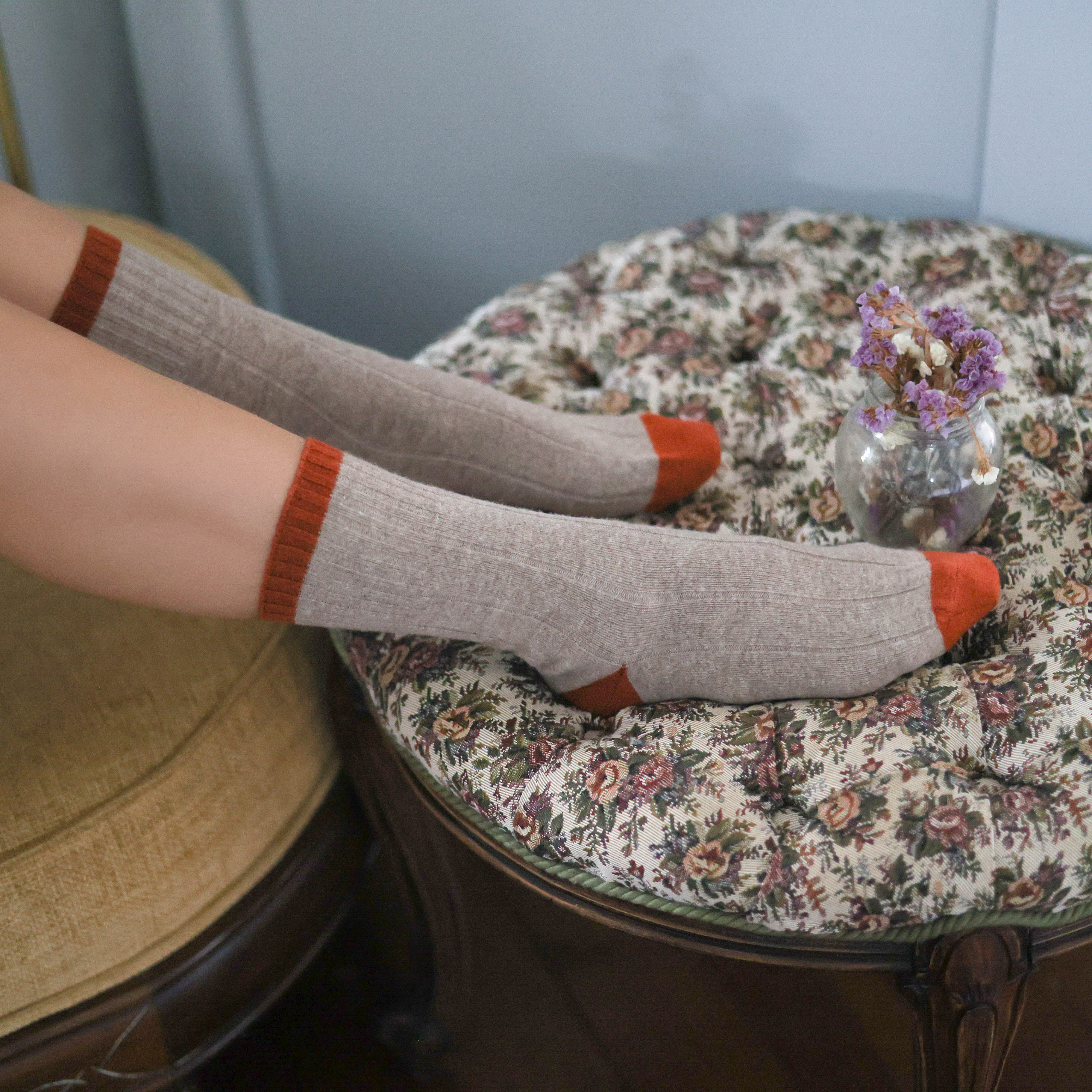 Socks - Merino Wool W/Band - Beige & Orange - Image 3