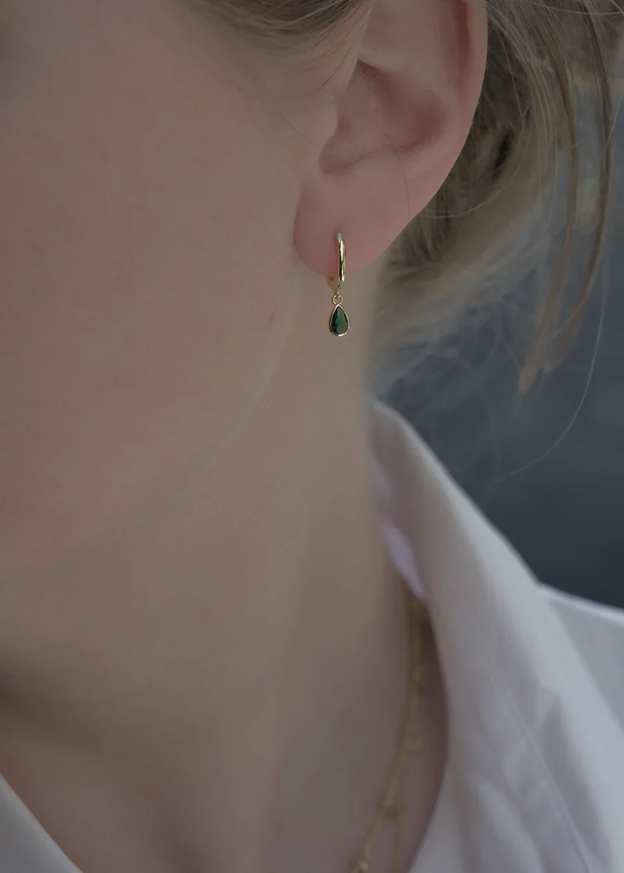 Earrings - Huggies - Oval + Green Droplet - Image 3