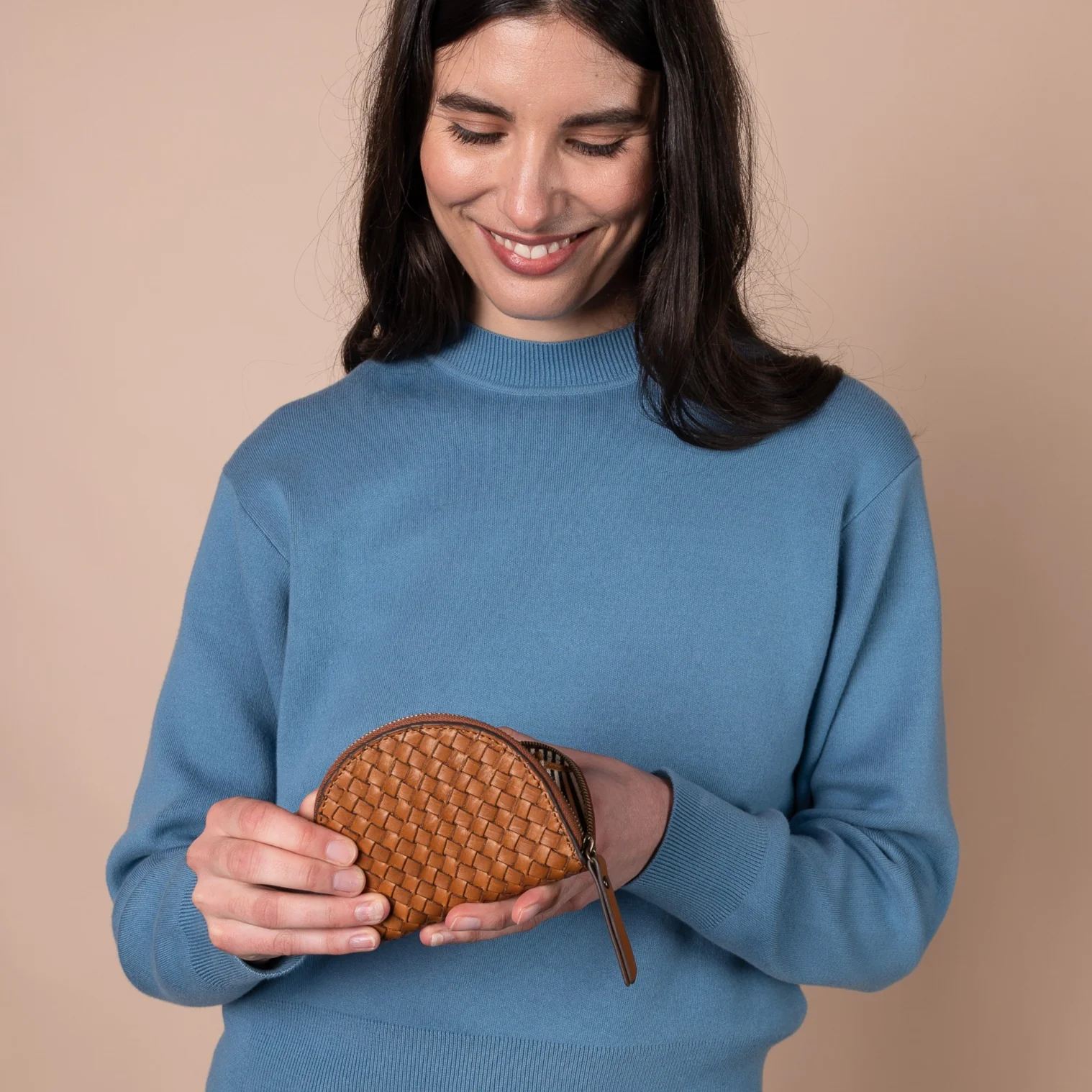 Coin Purse - Laura  - Woven Eco Classic Leather - Cognac - Image 2