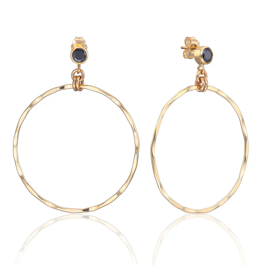 Earrings - Black Stone Hoops - 14Kt Gold Fill